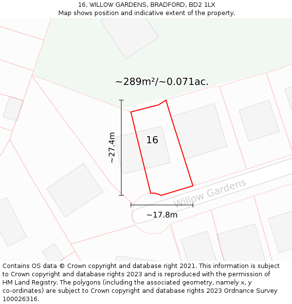 16, WILLOW GARDENS, BRADFORD, BD2 1LX: Plot and title map