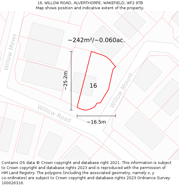 16, WILLOW ROAD, ALVERTHORPE, WAKEFIELD, WF2 9TB: Plot and title map