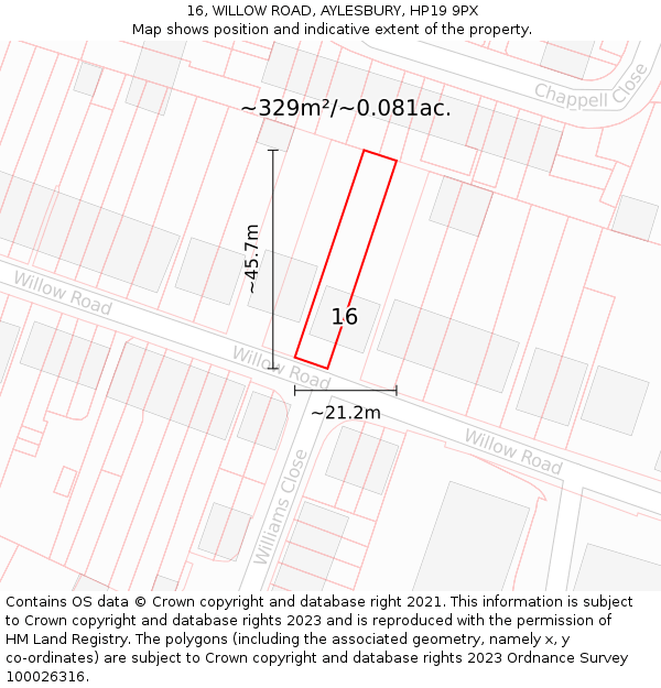 16, WILLOW ROAD, AYLESBURY, HP19 9PX: Plot and title map