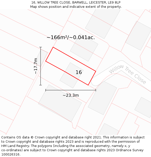 16, WILLOW TREE CLOSE, BARWELL, LEICESTER, LE9 8LP: Plot and title map