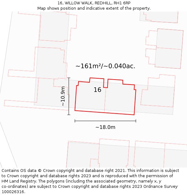 16, WILLOW WALK, REDHILL, RH1 6RP: Plot and title map