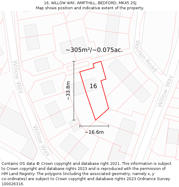 16, WILLOW WAY, AMPTHILL, BEDFORD, MK45 2SJ: Plot and title map