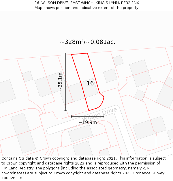 16, WILSON DRIVE, EAST WINCH, KING'S LYNN, PE32 1NX: Plot and title map