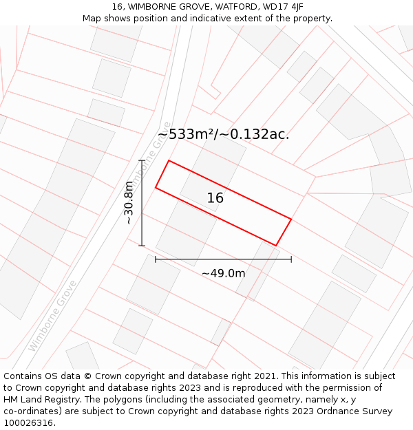 16, WIMBORNE GROVE, WATFORD, WD17 4JF: Plot and title map
