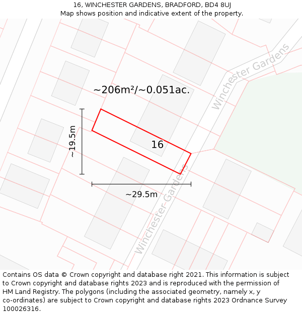 16, WINCHESTER GARDENS, BRADFORD, BD4 8UJ: Plot and title map