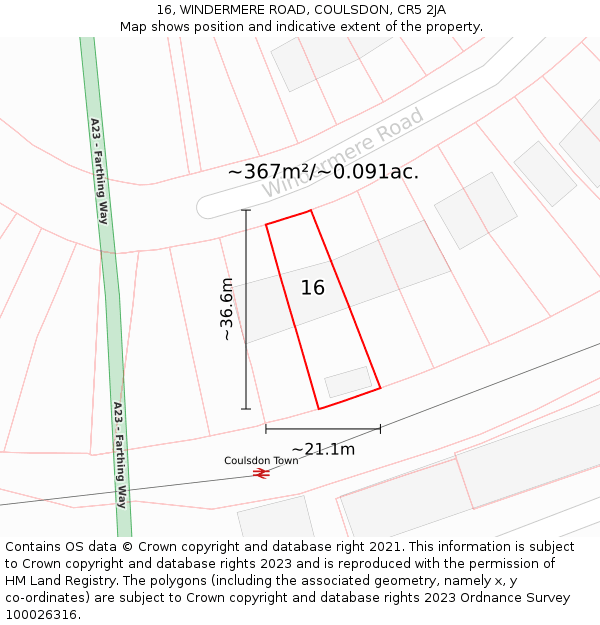 16, WINDERMERE ROAD, COULSDON, CR5 2JA: Plot and title map