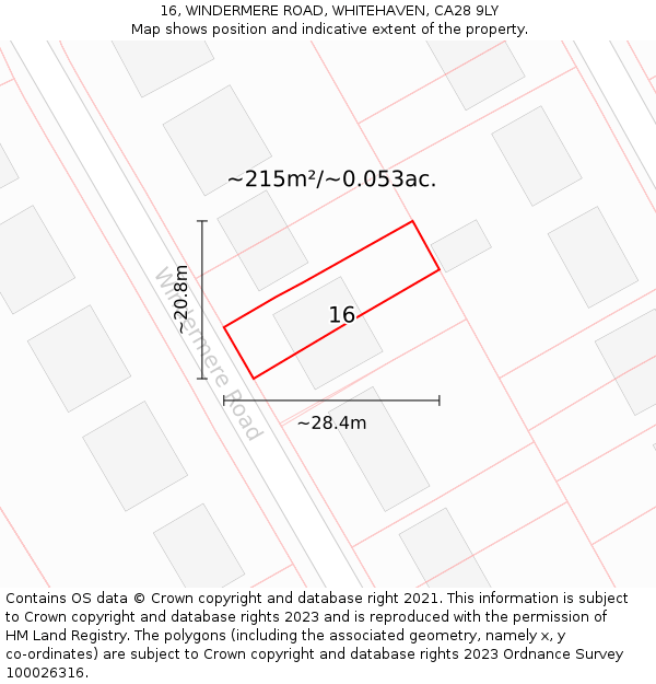 16, WINDERMERE ROAD, WHITEHAVEN, CA28 9LY: Plot and title map