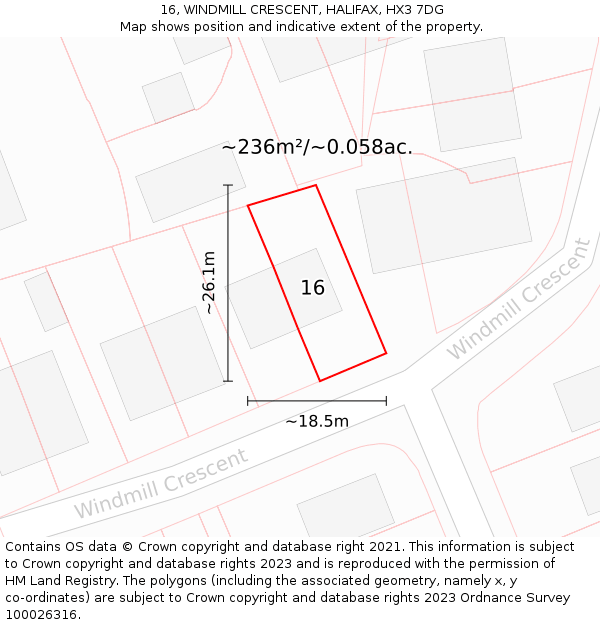 16, WINDMILL CRESCENT, HALIFAX, HX3 7DG: Plot and title map
