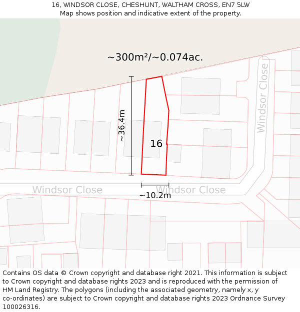16, WINDSOR CLOSE, CHESHUNT, WALTHAM CROSS, EN7 5LW: Plot and title map