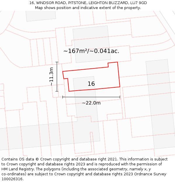 16, WINDSOR ROAD, PITSTONE, LEIGHTON BUZZARD, LU7 9GD: Plot and title map