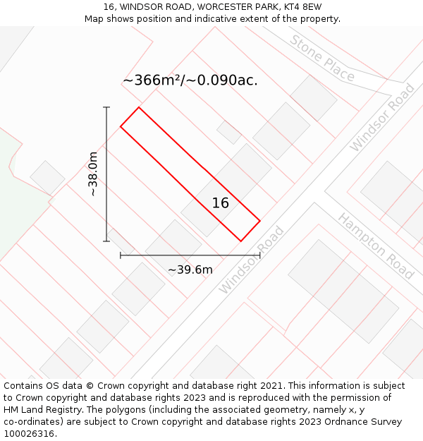 16, WINDSOR ROAD, WORCESTER PARK, KT4 8EW: Plot and title map