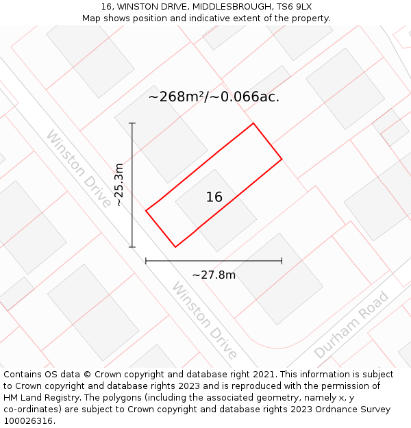16, WINSTON DRIVE, MIDDLESBROUGH, TS6 9LX: Plot and title map