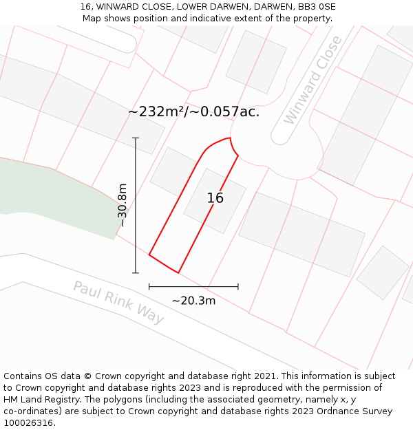 16, WINWARD CLOSE, LOWER DARWEN, DARWEN, BB3 0SE: Plot and title map