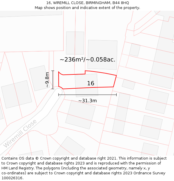 16, WIREMILL CLOSE, BIRMINGHAM, B44 8HQ: Plot and title map