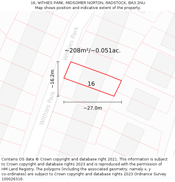 16, WITHIES PARK, MIDSOMER NORTON, RADSTOCK, BA3 2NU: Plot and title map
