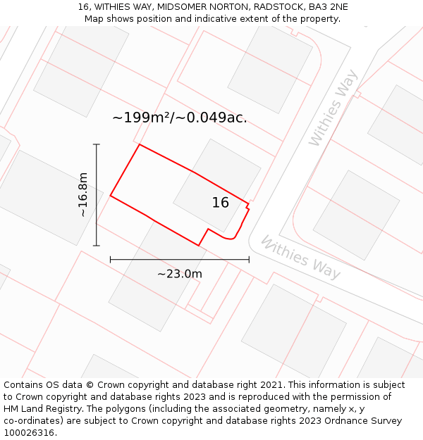 16, WITHIES WAY, MIDSOMER NORTON, RADSTOCK, BA3 2NE: Plot and title map