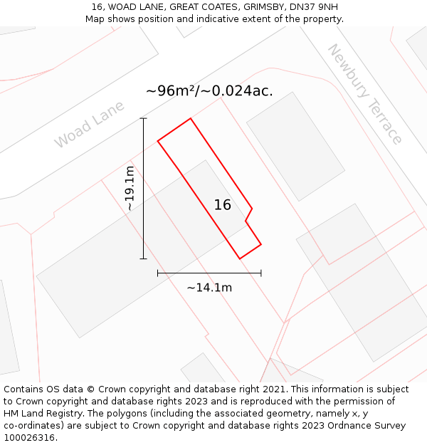 16, WOAD LANE, GREAT COATES, GRIMSBY, DN37 9NH: Plot and title map