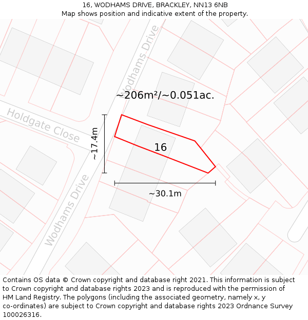 16, WODHAMS DRIVE, BRACKLEY, NN13 6NB: Plot and title map