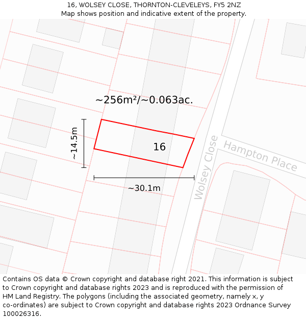 16, WOLSEY CLOSE, THORNTON-CLEVELEYS, FY5 2NZ: Plot and title map