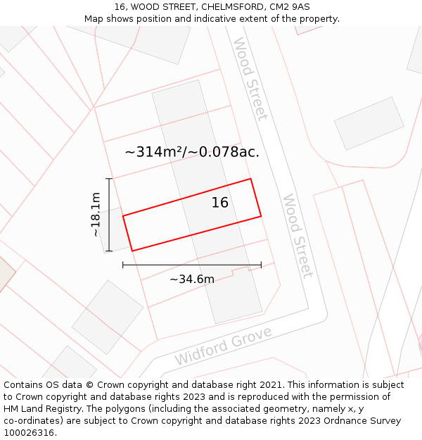 16, WOOD STREET, CHELMSFORD, CM2 9AS: Plot and title map
