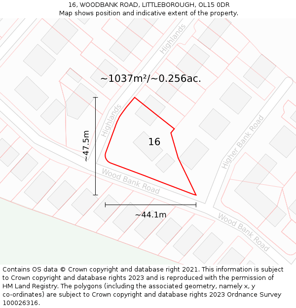 16, WOODBANK ROAD, LITTLEBOROUGH, OL15 0DR: Plot and title map
