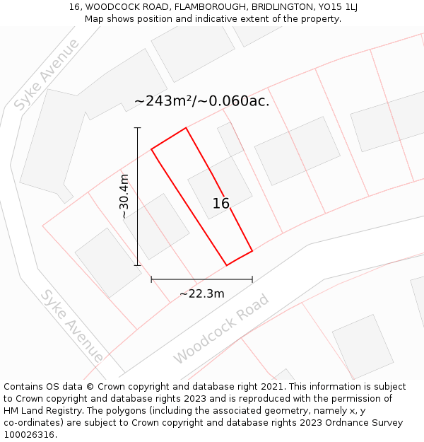16, WOODCOCK ROAD, FLAMBOROUGH, BRIDLINGTON, YO15 1LJ: Plot and title map
