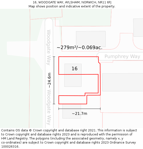 16, WOODGATE WAY, AYLSHAM, NORWICH, NR11 6FJ: Plot and title map