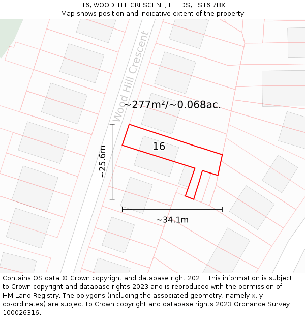 16, WOODHILL CRESCENT, LEEDS, LS16 7BX: Plot and title map