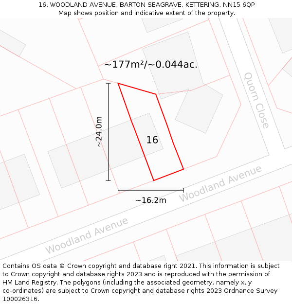 16, WOODLAND AVENUE, BARTON SEAGRAVE, KETTERING, NN15 6QP: Plot and title map