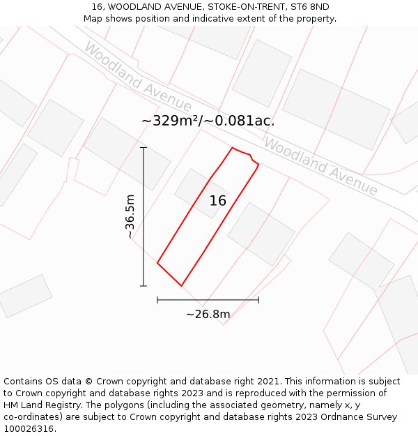 16, WOODLAND AVENUE, STOKE-ON-TRENT, ST6 8ND: Plot and title map