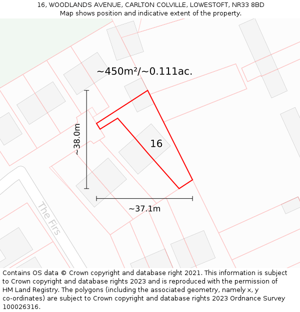 16, WOODLANDS AVENUE, CARLTON COLVILLE, LOWESTOFT, NR33 8BD: Plot and title map