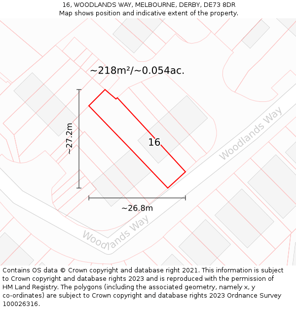 16, WOODLANDS WAY, MELBOURNE, DERBY, DE73 8DR: Plot and title map