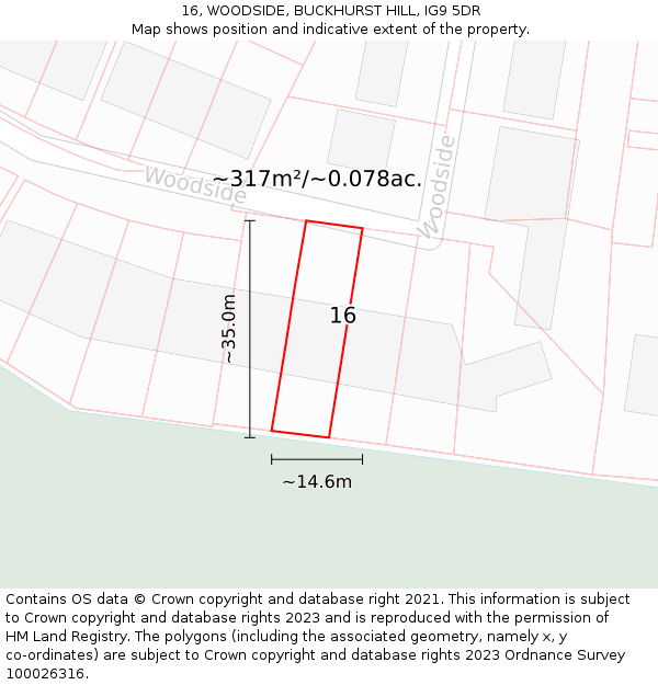 16, WOODSIDE, BUCKHURST HILL, IG9 5DR: Plot and title map
