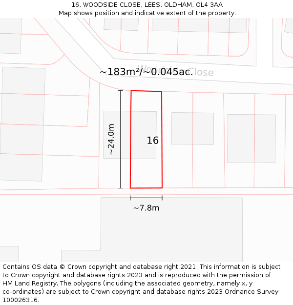 16, WOODSIDE CLOSE, LEES, OLDHAM, OL4 3AA: Plot and title map