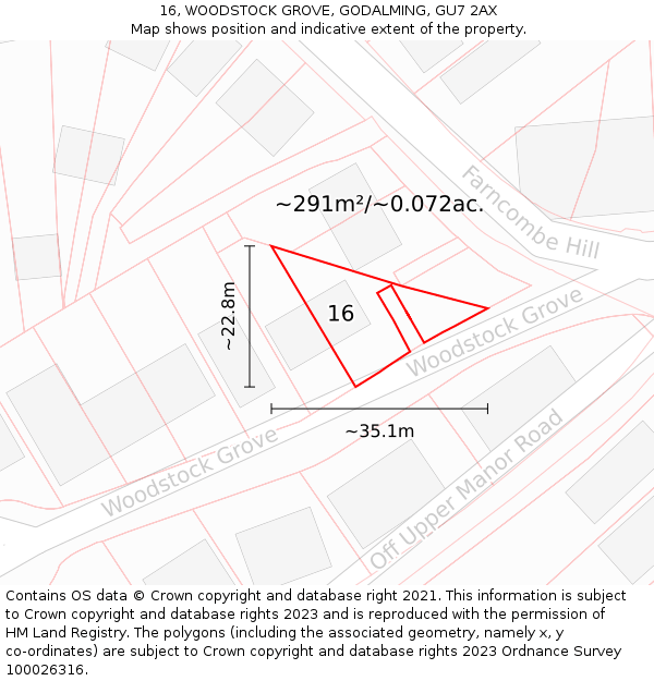 16, WOODSTOCK GROVE, GODALMING, GU7 2AX: Plot and title map