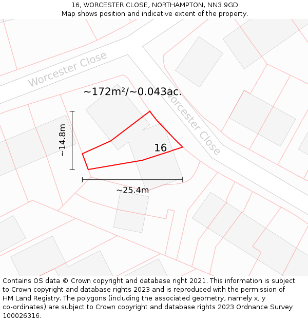 16, WORCESTER CLOSE, NORTHAMPTON, NN3 9GD: Plot and title map