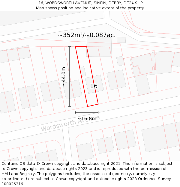 16, WORDSWORTH AVENUE, SINFIN, DERBY, DE24 9HP: Plot and title map