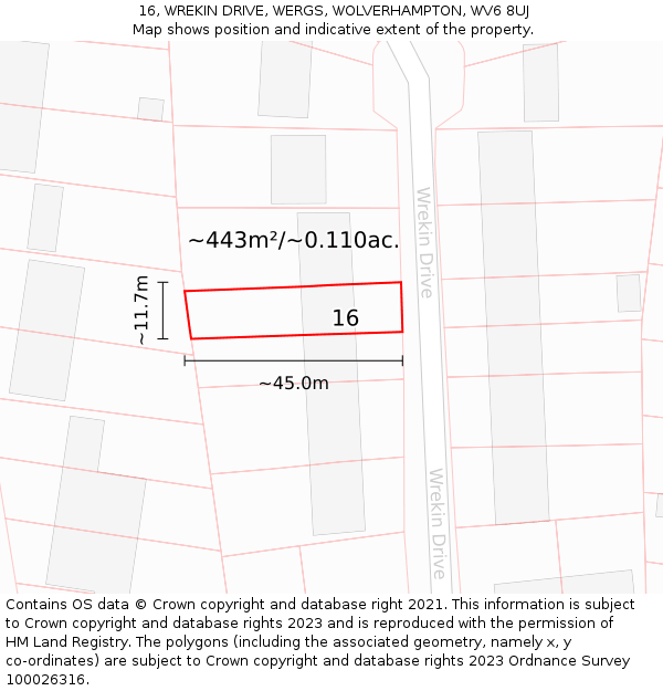 16, WREKIN DRIVE, WERGS, WOLVERHAMPTON, WV6 8UJ: Plot and title map
