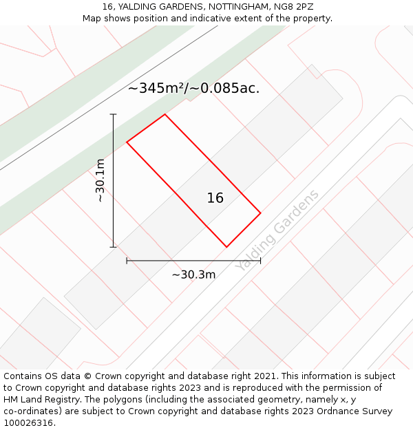 16, YALDING GARDENS, NOTTINGHAM, NG8 2PZ: Plot and title map
