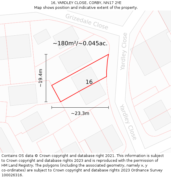 16, YARDLEY CLOSE, CORBY, NN17 2YE: Plot and title map
