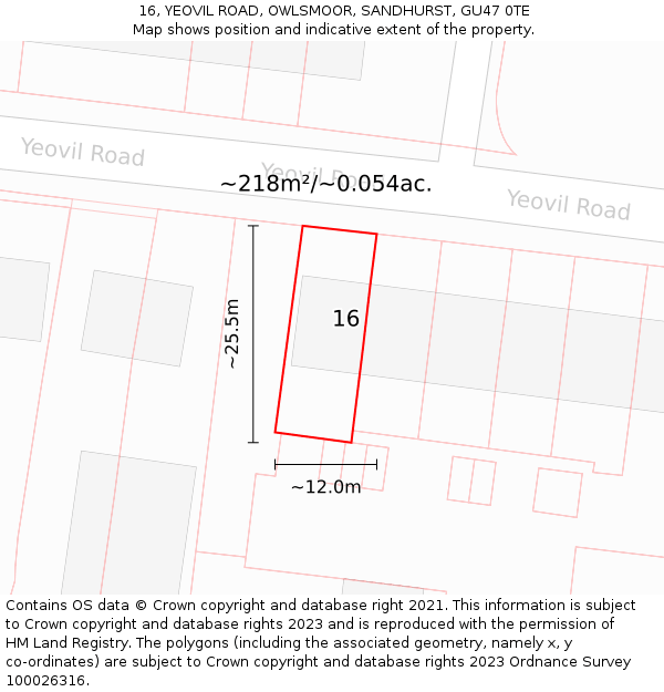 16, YEOVIL ROAD, OWLSMOOR, SANDHURST, GU47 0TE: Plot and title map