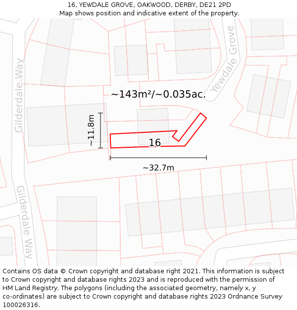 16, YEWDALE GROVE, OAKWOOD, DERBY, DE21 2PD: Plot and title map
