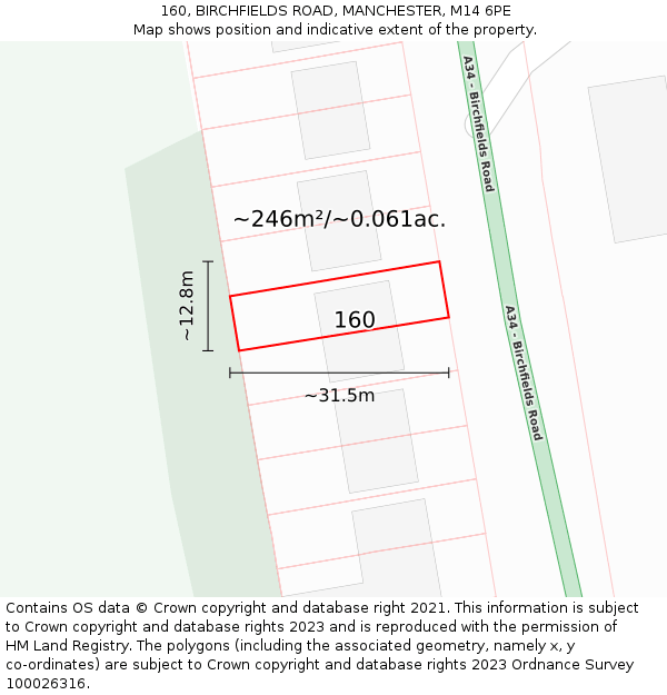160, BIRCHFIELDS ROAD, MANCHESTER, M14 6PE: Plot and title map