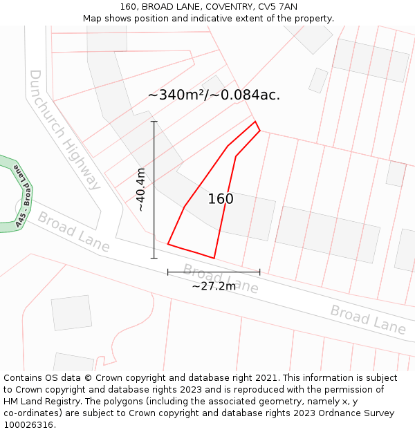 160, BROAD LANE, COVENTRY, CV5 7AN: Plot and title map