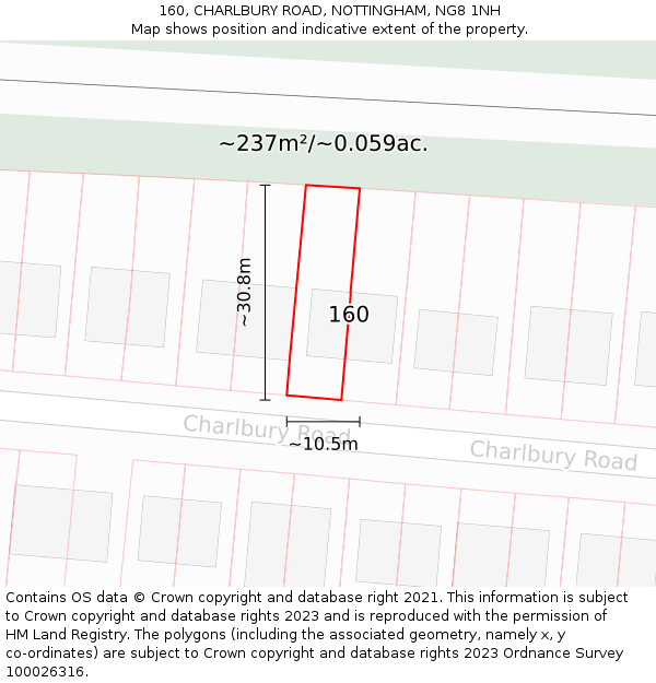 160, CHARLBURY ROAD, NOTTINGHAM, NG8 1NH: Plot and title map