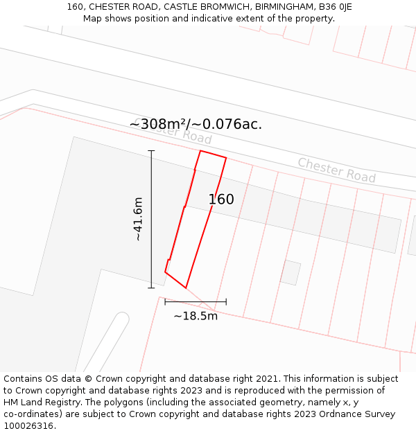 160, CHESTER ROAD, CASTLE BROMWICH, BIRMINGHAM, B36 0JE: Plot and title map