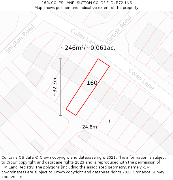 160, COLES LANE, SUTTON COLDFIELD, B72 1NS: Plot and title map