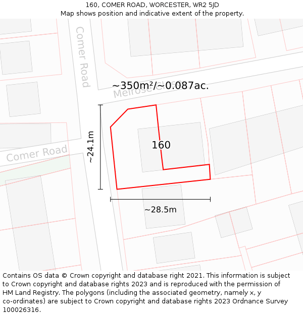 160, COMER ROAD, WORCESTER, WR2 5JD: Plot and title map