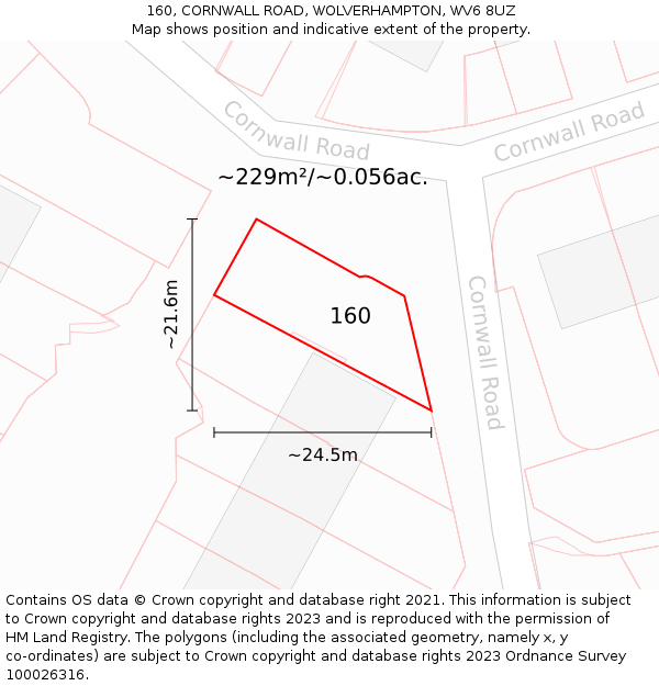 160, CORNWALL ROAD, WOLVERHAMPTON, WV6 8UZ: Plot and title map