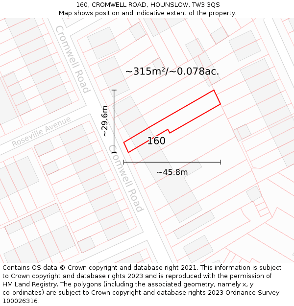 160, CROMWELL ROAD, HOUNSLOW, TW3 3QS: Plot and title map